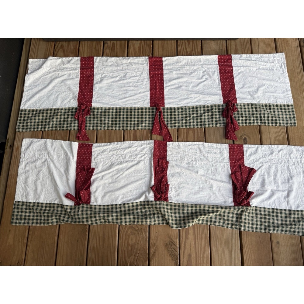 2 Vintage Handmade Farmhouse Valances Red Print & Green Gingham 57"x17"